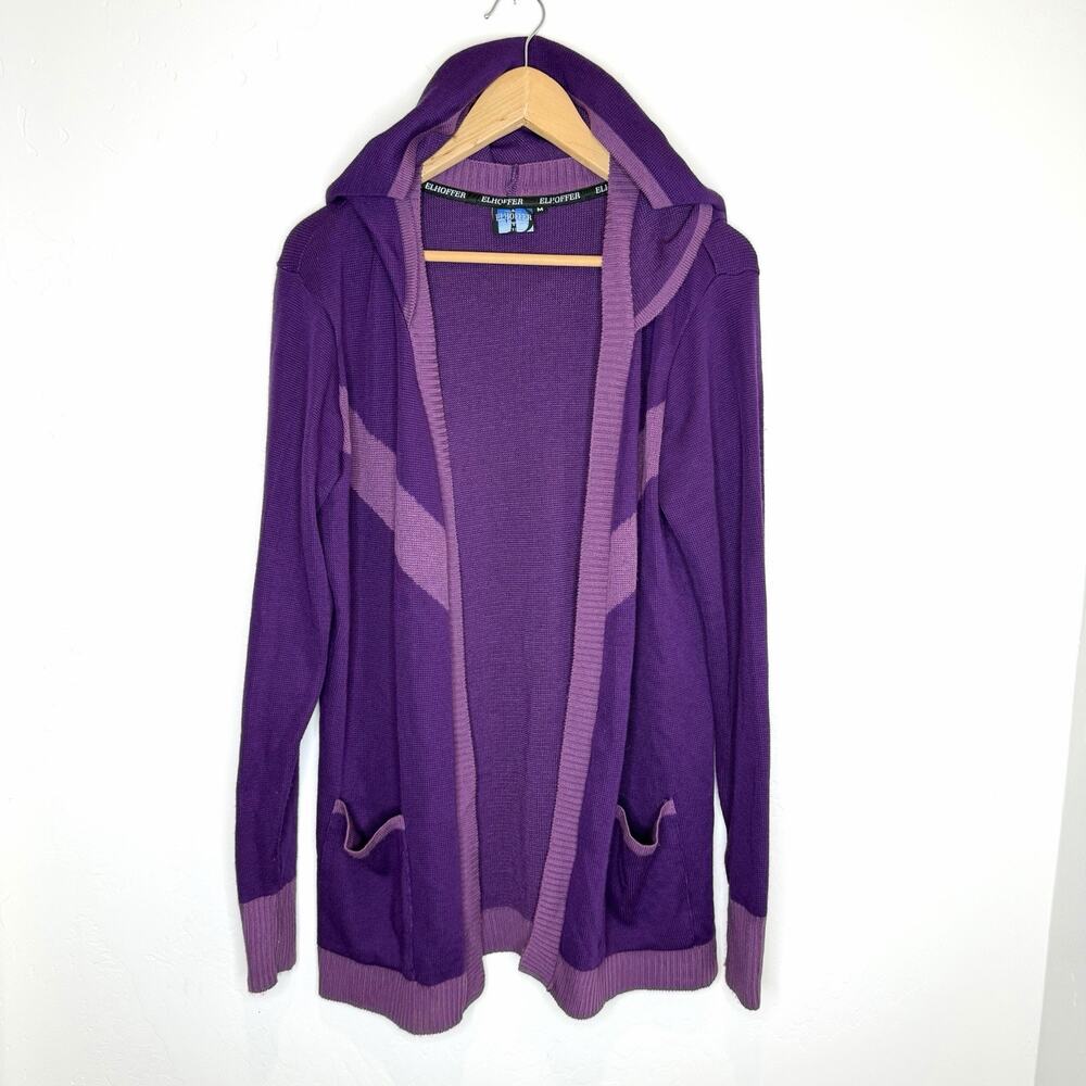 Elhoffer Design Hooded Open Front Long Cardigan Sweater Womens Medium Purple